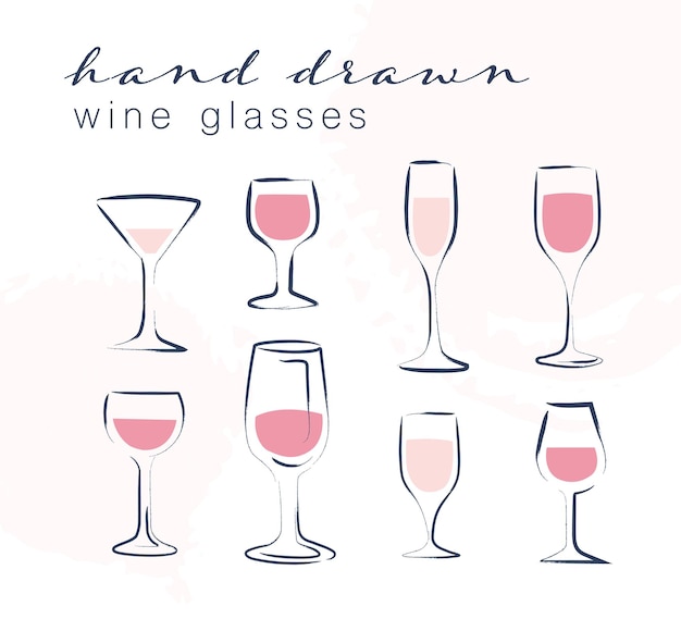 Conjunto de vectores de martini de vino dibujado a mano y copas de cóctel ilustración aislada sobre fondo blanco Estilo de boceto Para la insignia de la bodega emblema de la sala de degustación insignia de la tienda de vinos etiqueta de alcohol