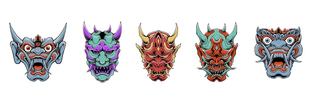 Conjunto de vectores de máscara samurai demonio japonés a todo color