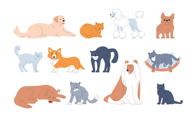 Conjunto de vectores de mascotas divertidas Pintura perro lindo varios gatos en poses Sueño de mascota y juego de cachorros de acción Kicky dibujos animados gatito peludo vector doodle animales Ilustración de la colección de perros y gatos animales