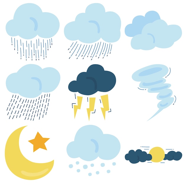 Conjunto de vectores meteorológicos aislado sobre fondo blanco Estilo dibujado a mano de dibujos animados simples meteorológicos