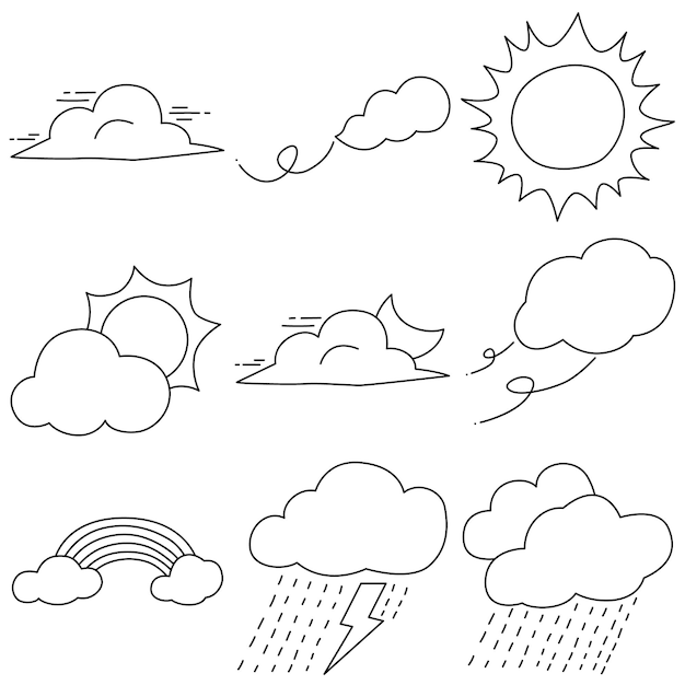 Conjunto de vectores meteorológicos aislado sobre fondo blanco Estilo dibujado a mano de dibujos animados simples meteorológicos