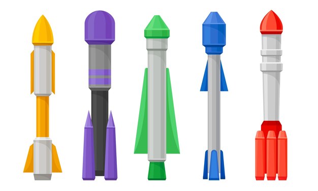 Conjunto de vectores de misiles guiados militares de diferentes colores y formas
