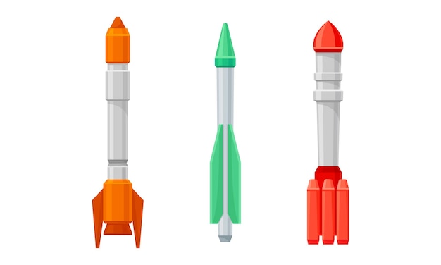 Conjunto de vectores de misiles guiados militares de diferentes colores y formas