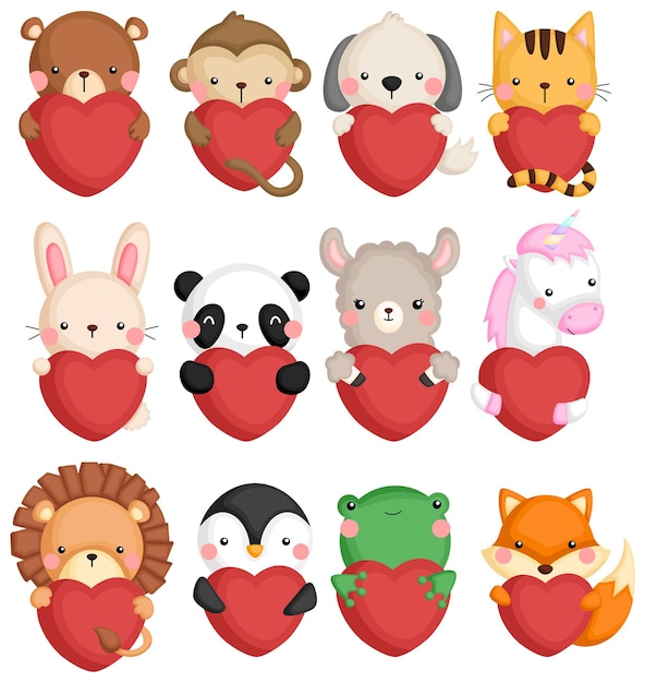 un conjunto de vectores de muchos iconos de animales sosteniendo un corazón