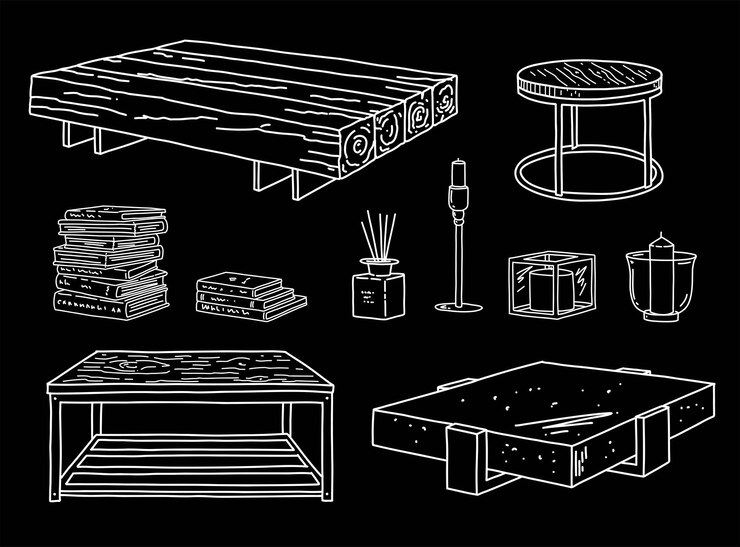 Vector conjunto de vectores de muebles con libro de mesa y velas detalles interiores industriales y decoración