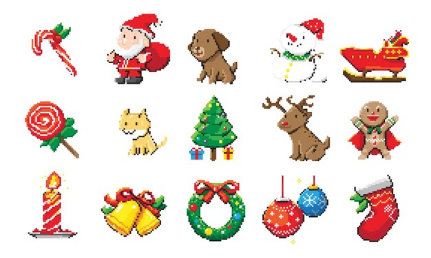 Conjunto de vectores de Navidad estilo de arte de píxeles vectores de colección de 8 bits sobre fondo blanco
