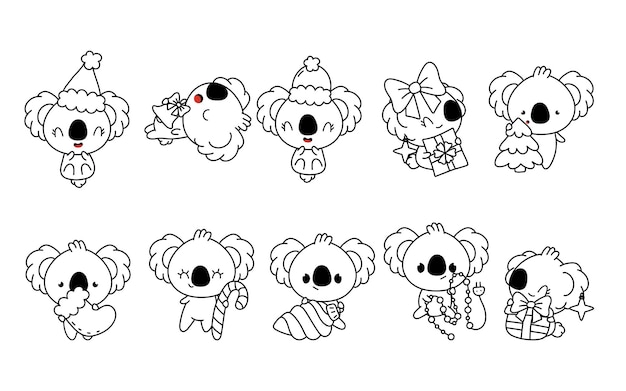 Conjunto de vectores de Navidad koala para colorear colección de páginas de kawaii aislado contorno animal de año nuevo