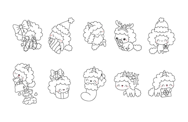 Conjunto de vectores de Navidad unicornio para colorear colección de páginas de kawaii aislado contorno animal de año nuevo