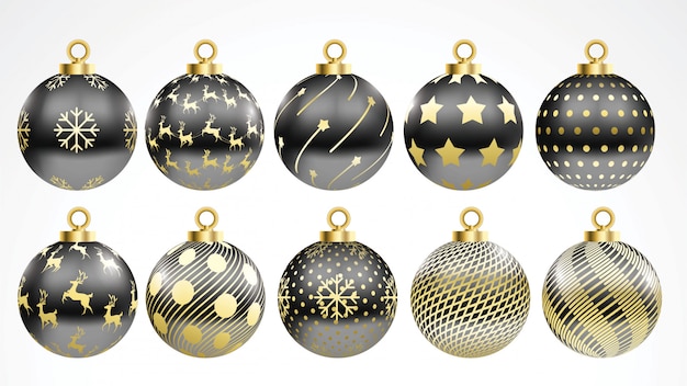 Conjunto de vectores de oro y bolas de Navidad negro con adornos