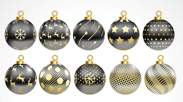 Conjunto de vectores de oro y bolas de navidad negro con adornos