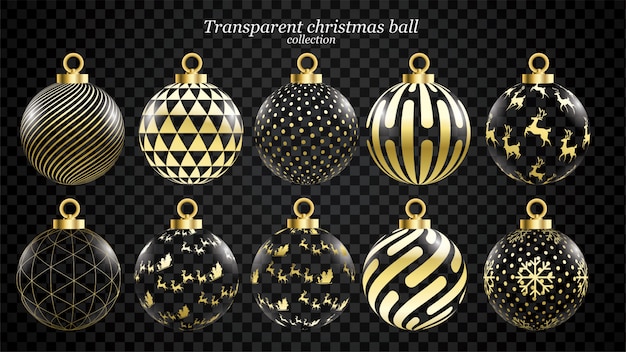 Conjunto de vectores de oro y bolas de navidad transparentes