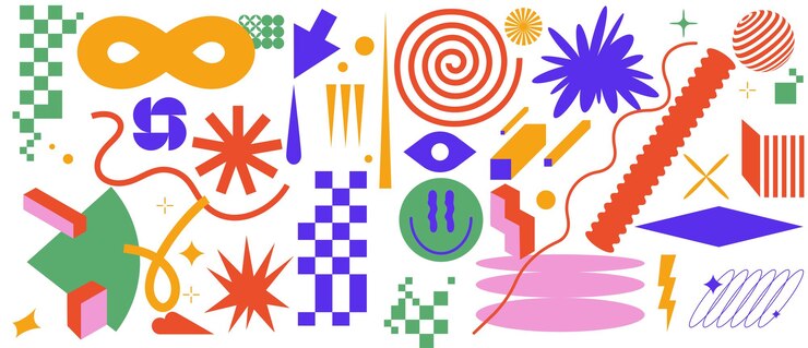 Conjunto de vectores parches o signos con formas geométricas Banner de redes sociales con diseño brutalista composición futurista groowy