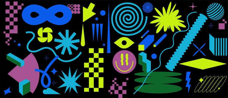 Conjunto de vectores parches o signos con formas geométricas Banner de redes sociales con diseño brutalista composición futurista groowy