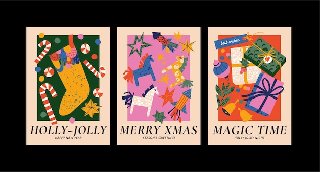 Conjunto de vectores de patrones sin fisuras de Navidad con diferente decoración tradicional
