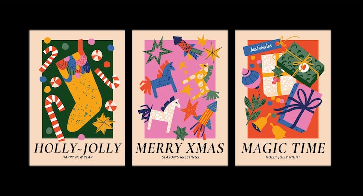 Conjunto de vectores de patrones sin fisuras de Navidad con diferente decoración tradicional