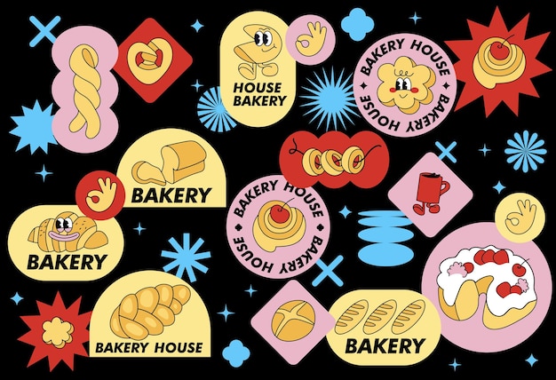 Conjunto de vectores en pegatinas de tienda de panadería de estilo retro insignias de parche coloridas para cafetería de panadería