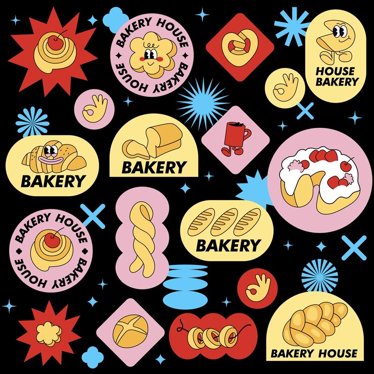 Conjunto de vectores en pegatinas de tienda de panadería de estilo retro Insignias de parche coloridas para cafetería de panadería