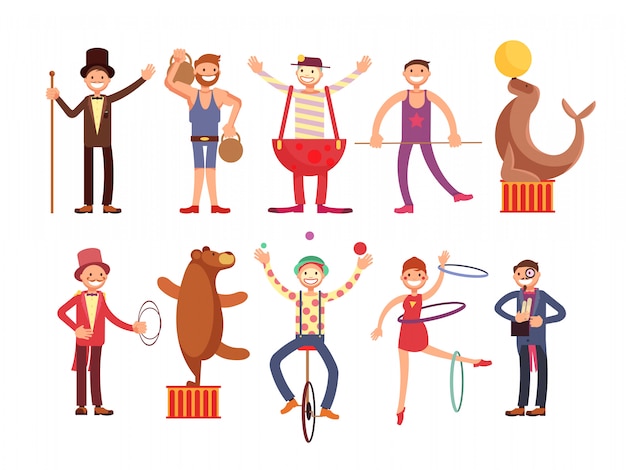 Conjunto de vectores de personajes de dibujos animados de artistas de circo. Acróbata y hombre fuerte, mago, payaso, animal entrenado