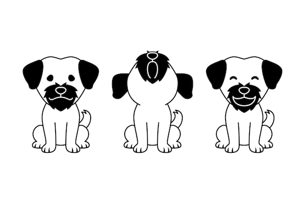 Conjunto de vectores de personajes de dibujos animados en blanco y negro perro