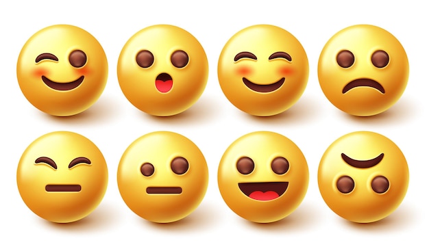 Conjunto de vectores de personajes emoji. Diseño de personajes emoticonos 3d en la colección de caras felices y tristes aislado.
