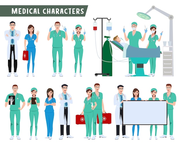 Conjunto de vectores de personajes de médico cirujano y enfermera Equipo médico y de atención médica haciendo cirugía