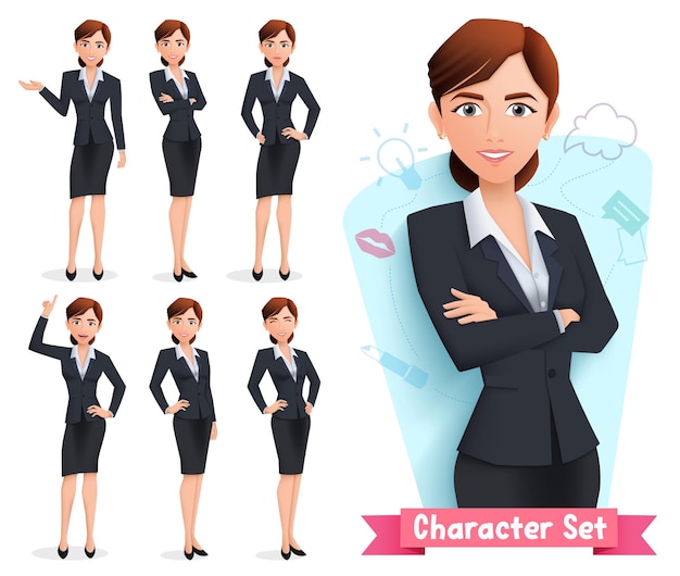Conjunto de vectores de personajes de mujer de negocios Personaje de mujer de negocios de pie hablando y pose relajante