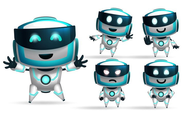 Vector conjunto de vectores de personajes de robot personaje robótico 3d en pose de pie con caras felices y amigables