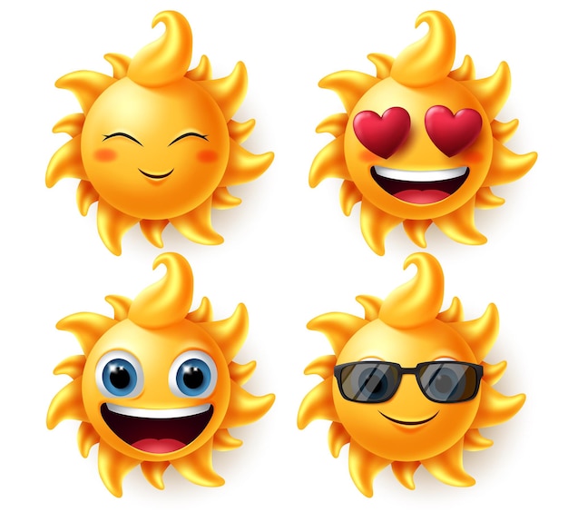 Conjunto de vectores de personajes de verano de Sun Personaje de Sun en diferentes expresiones faciales como In love