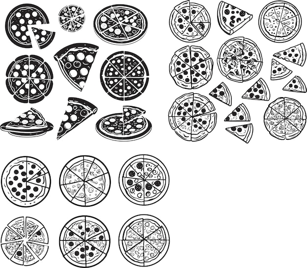 Vector conjunto de vectores de pizza en blanco y negro