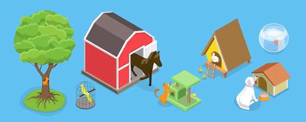 Conjunto de vectores planos isométricos 3D de animales silvestres y domésticos con hogares