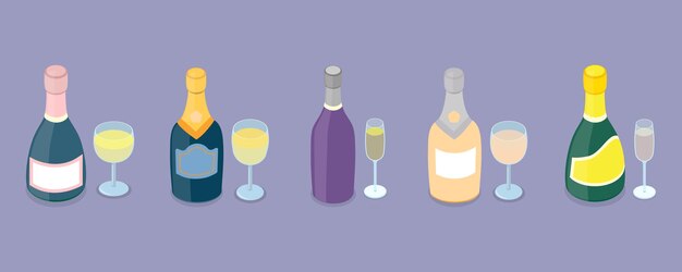 Conjunto de vectores planos isométricos 3D de botellas de champán