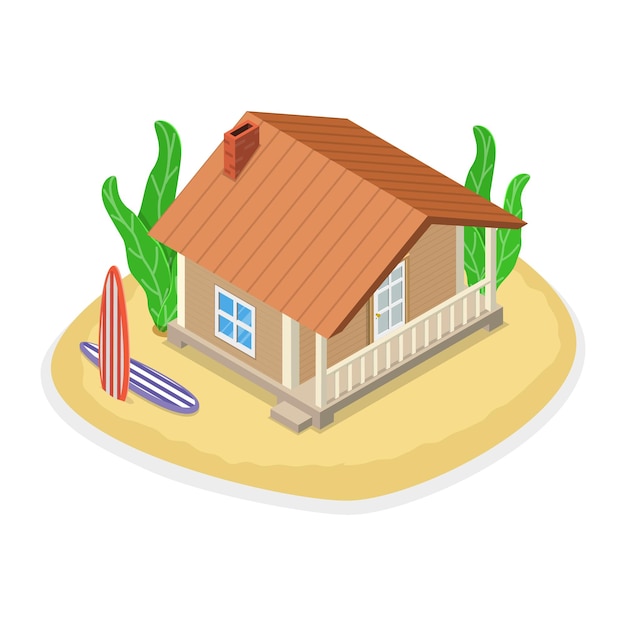 Conjunto de vectores planos isométricos 3D de bungalows Artículo 4