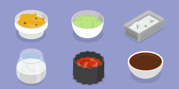 Conjunto de vectores planos isométricos 3D de cuencos con salsas