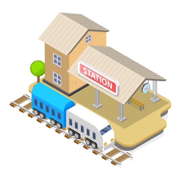 Conjunto de vectores planos isométricos 3D de elementos de la estación de tren Horario de la plataforma del tren Reloj de visualización Artículo 2