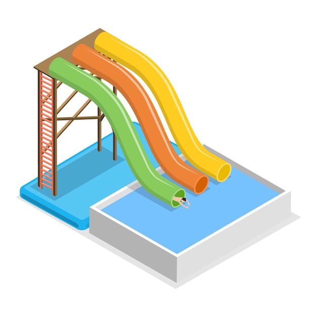Conjunto de vectores planos isométricos 3D de escenas de parques acuáticos Diversión de verano en la piscina Artículo 2
