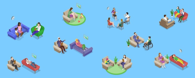 Conjunto de vectores planos isométricos 3D de escenas de sesiones de psicoterapia