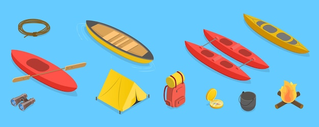 Conjunto de vectores planos isométricos 3D de kayak