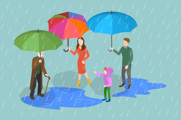 Conjunto de vectores planos isométricos 3D de personas en un día de lluvia