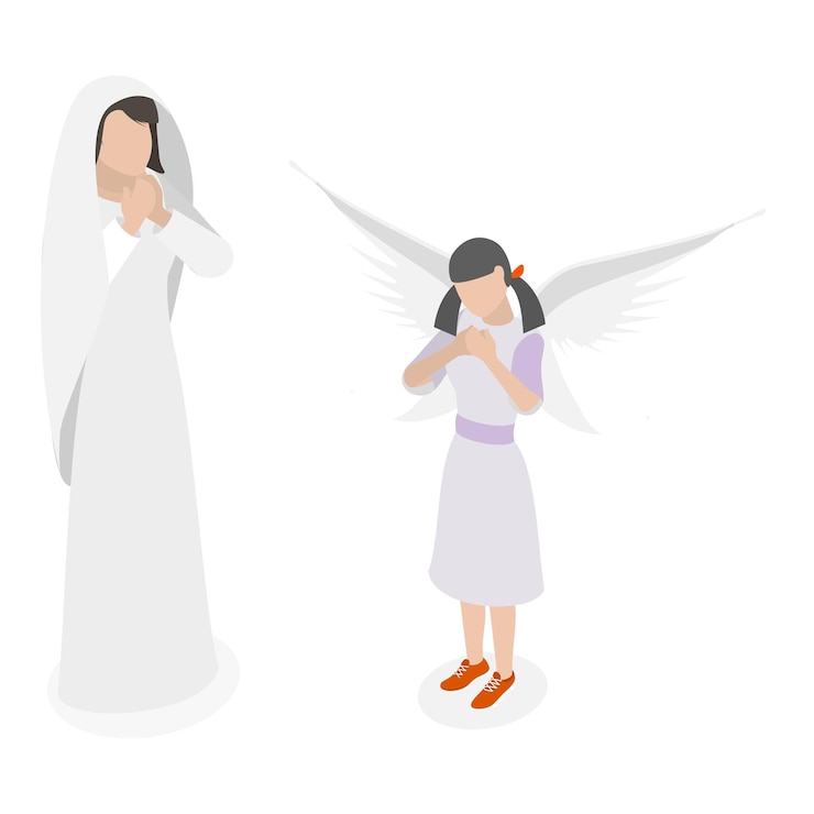 Vector conjunto de vectores planos isométricos 3d de personas de fe y religión orando al señor creyendo en un elemento de poder superior 3