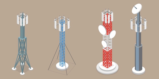 Conjunto de vectores planos isométricos 3D de torres de telecomunicaciones