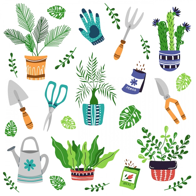 Vector conjunto de vectores - plantas de maceta, herramientas de jardín, semillas