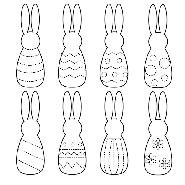conjunto de vectores con plantilla de conejos de pascua para colorear y rastrear