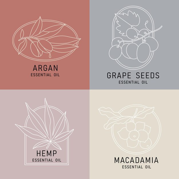 Conjunto de vectores plantillas de diseño y emblemas aceites cosméticos saludables y esenciales diferentes aceites orgánicos naturales logos en estilo lineal de moda