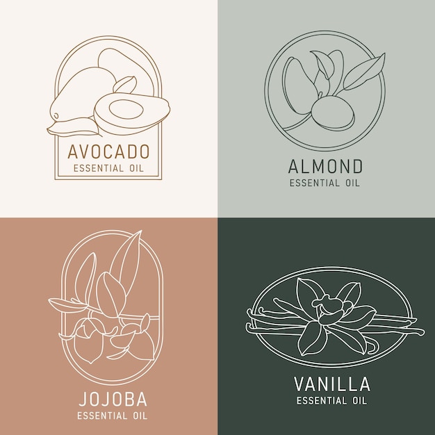 Conjunto de vectores plantillas de diseño y emblemas aceites cosméticos saludables y esenciales Diferentes aceites orgánicos naturales Logos en estilo lineal de moda