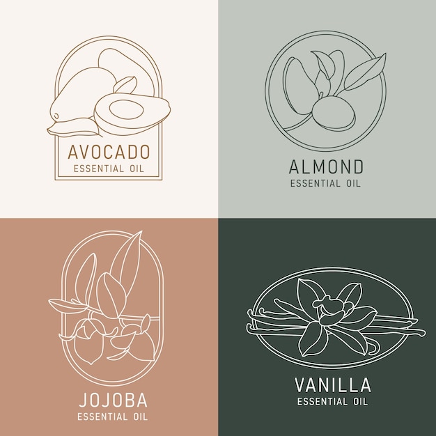 Vector conjunto de vectores plantillas de diseño y emblemas aceites cosméticos saludables y esenciales diferentes aceites orgánicos naturales logos en estilo lineal de moda