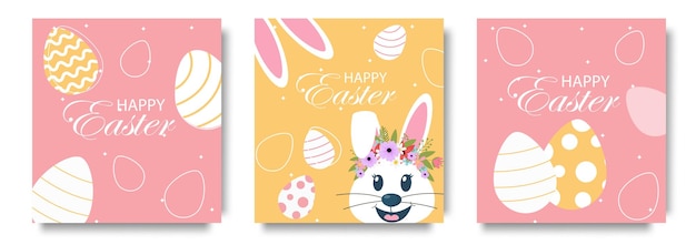 Conjunto de vectores de portada de elementos de Pascua Feliz conejos de Pascua dibujados a mano para decorar