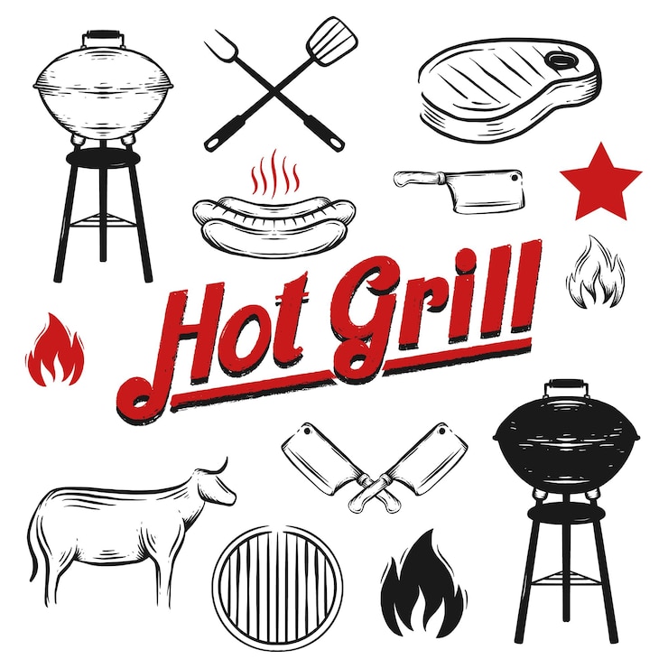 Vector conjunto de vectores premium de plantillas de logotipos dibujados a mano de parrilla caliente