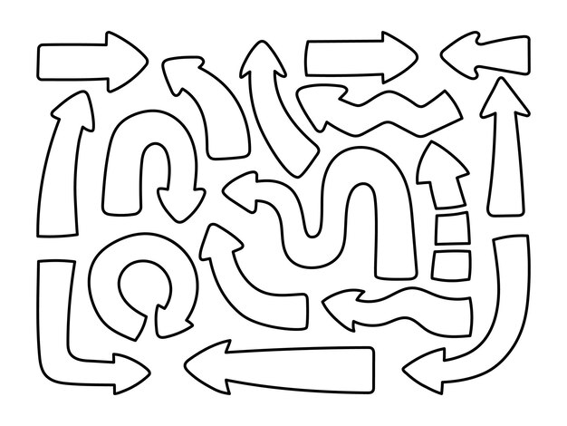 Conjunto de vectores de punteros de flecha de contorno dibujados a mano Ilustración de signos de flecha de contorno Colección de flechas de contorno de garabato para diseño infográfico