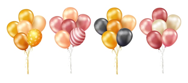 Conjunto de vectores de racimo de globos de cumpleaños globos flotantes en colores oro y oro rosa con cuerdas