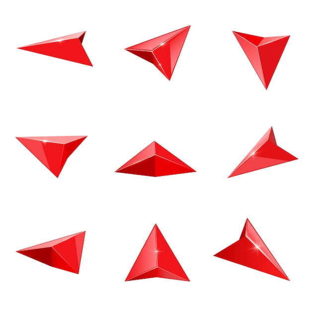 Conjunto de vectores realistas de flecha de navegación roja brillante Puntero de flecha Gps Colección de iconos 3D realista aislada sobre fondo blanco